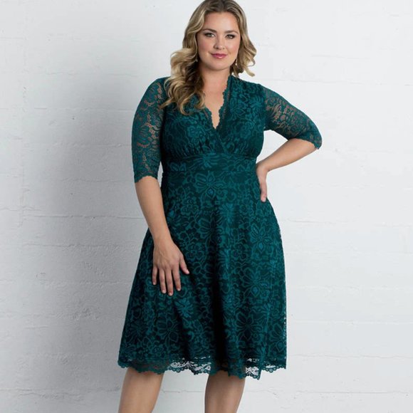 Kiyonna Mademoiselle Lace Cocktail Dress in Emerald - Picture 1 of 5